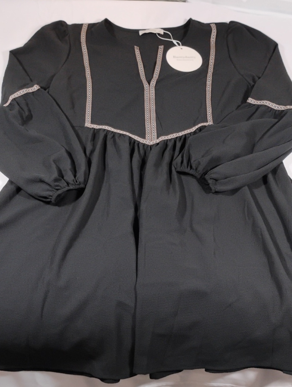 Woven Black Long-Sleeve Peasant Dress with Contrast Trim
